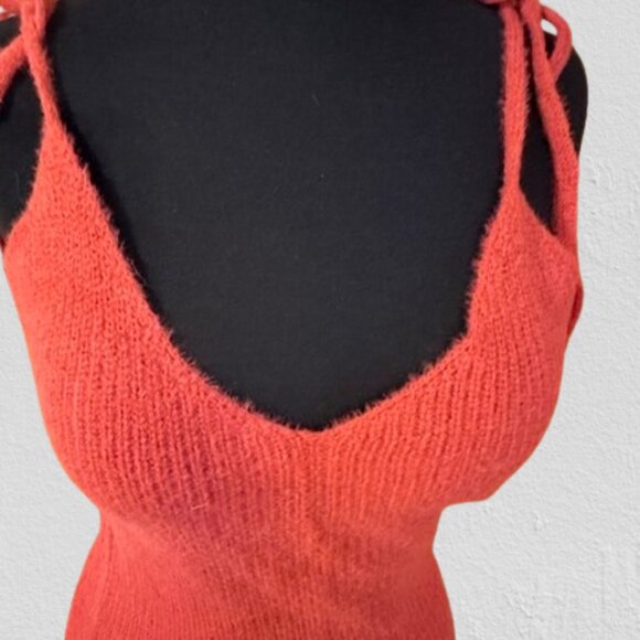 Red Midi Shoulder Tie Sweater Dress - Picture 2 of 15
